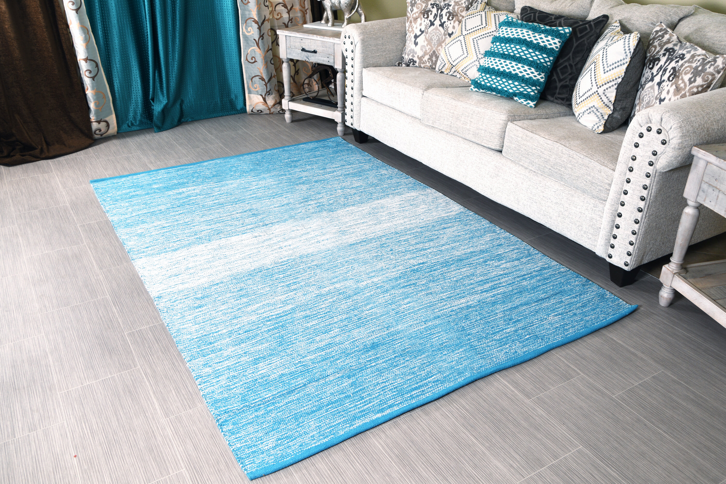 Turquoise Blue & White Cotton Door mat Rug Indoor Outdoor - 2x3