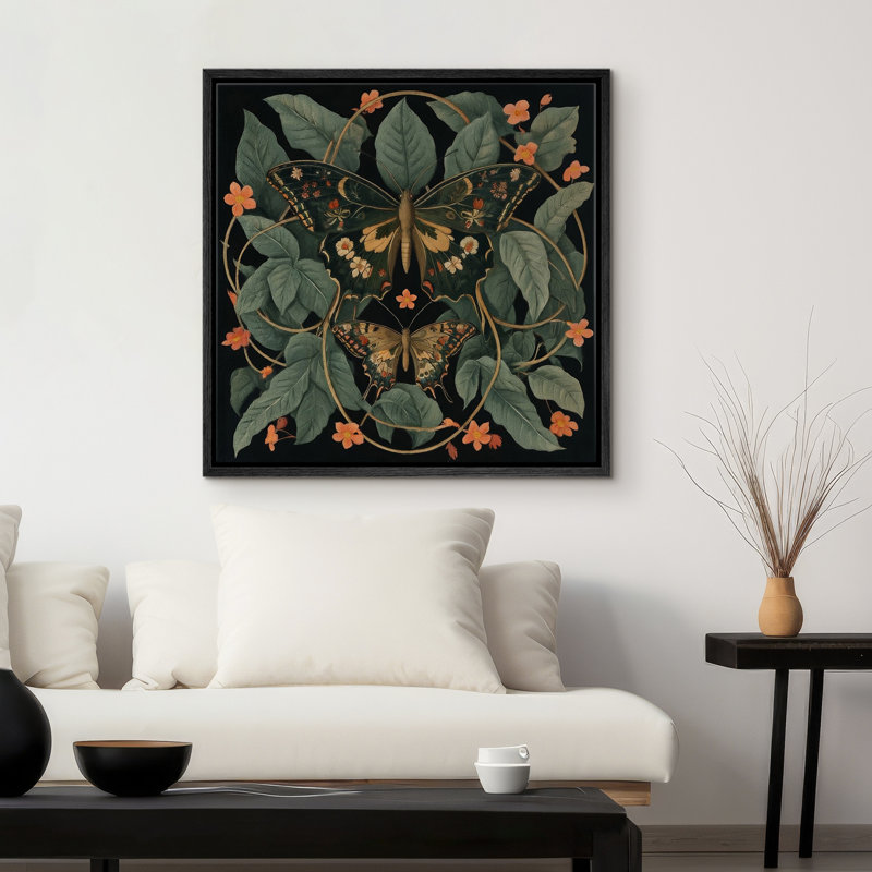 «Botanical Moth Duo», reproduction d'art sur toile encadrée - Illustration rétro de nature avec feuilles luxuriantes et fleurs