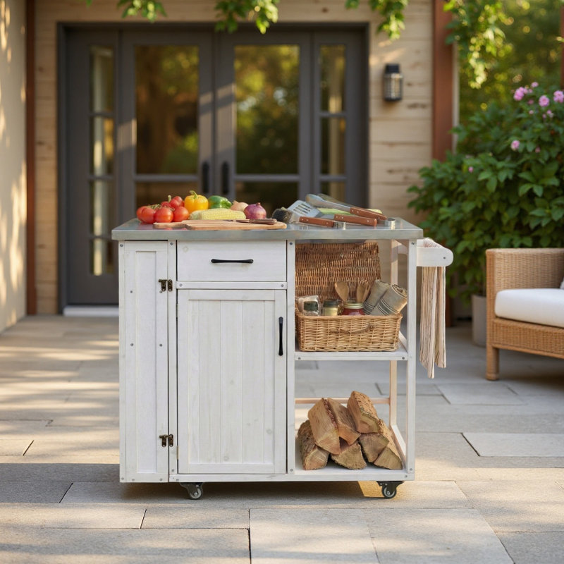 Outdoor Kitchen Cart With Stainless Top, White