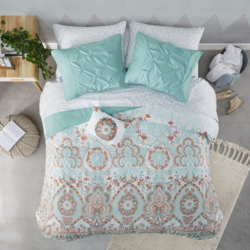 Ensemble d'édredon en microfibre avec draps Vinnie, Édredon grand et 7 pièces supplémentaires, Turquoise / orange rouille