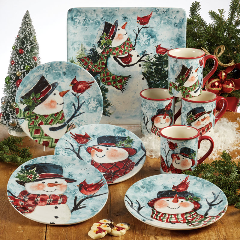 Festive Red Ceramic Snowman Winter Holiday Mug Set