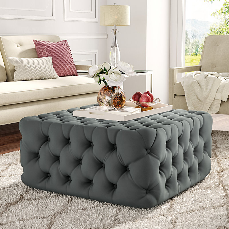 Silkgrass Velvet Tufted Square Footstool Ottoman, Grey