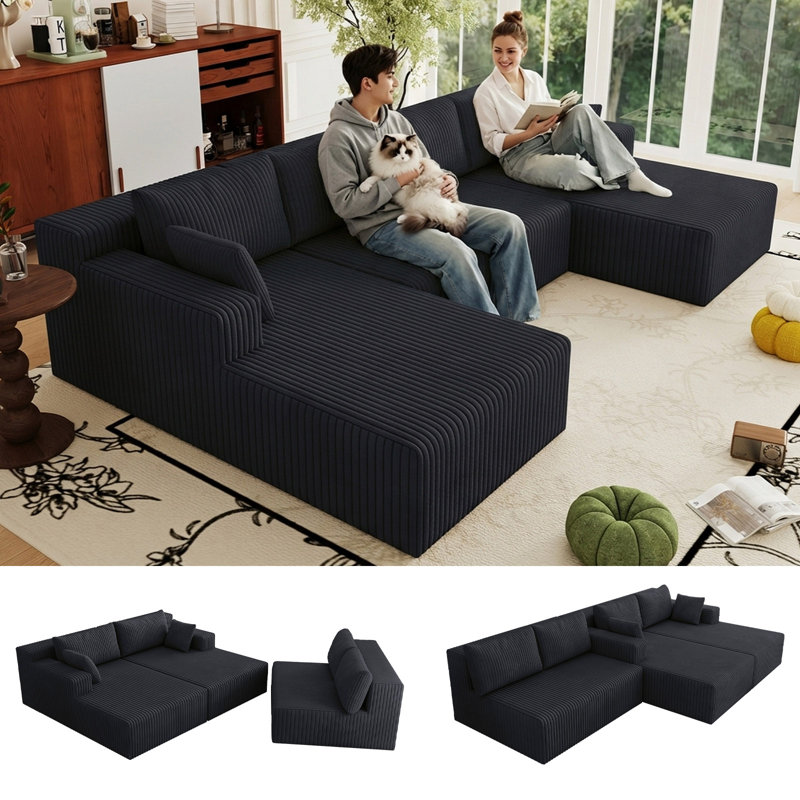 Canapé modulaire en forme de U de 124 po en velours côtelé de 124 po, canapé moderne modulaire à 4 places désossé avec 6 coussins, canapé rembourré en nuage à siège profond pour le salon, aucun assemblage requis