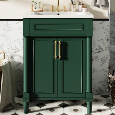 Meuble-lavabo de salle de bain d'une largeur de 24 po, lavabo en céramique intégré, armoire à 2 portes, solution d'espace pour tablettes moyennes et réglables, dimension gracieuse de la conception du lavabo, rangement, petits espaces,