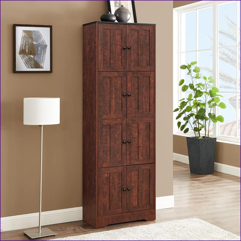 Armoires, grand rangement moderne en bois d'ingénierie brun noyer avec 8 portes 4 tablettes, L 24 po x l 12,8 po x H 72,4 po | Panneau de fibres à densité moyenne | Salon