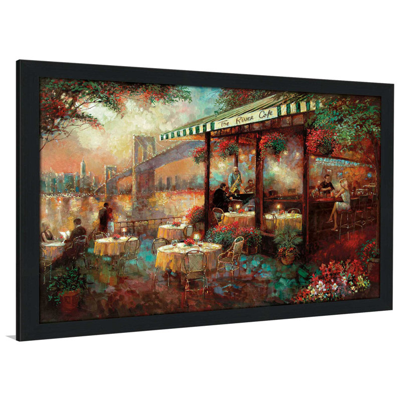 « the river cafe », reproduction de peinture à l’huile encadrée, H 35,5 po x l 51,5 po x P 0,75 po
