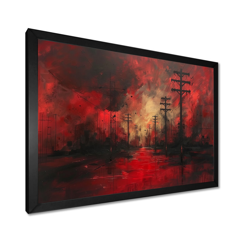 Rouge, noir, lignes électriques à l'obscurité III - décoration murale lignes électriques, Cadre simple noir