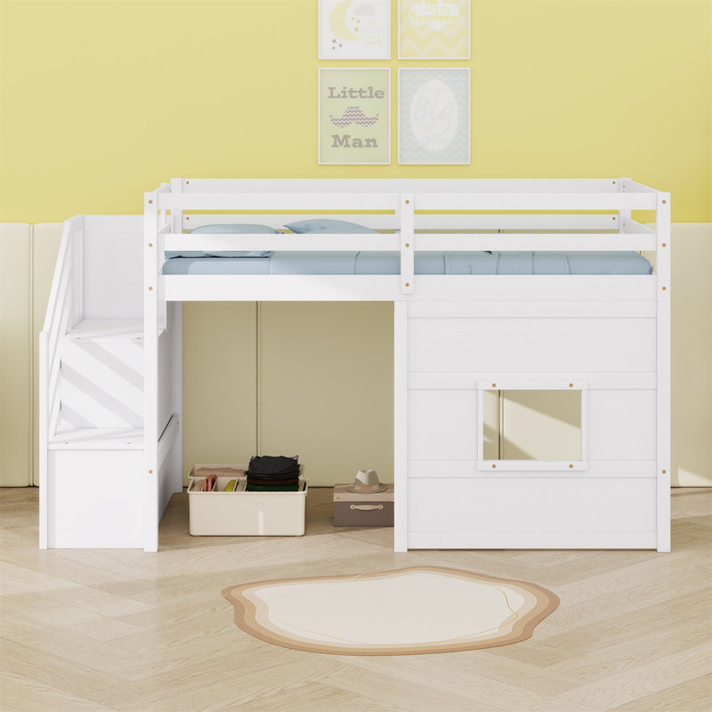 Loft Bed With Storage Staircase And Window, White