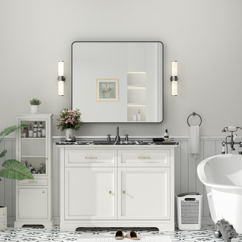 Molly Tempered Glass and Metal Framed French Cleat Mounted Wall Bathroom / Vanity Mirror, 36" x 32", Black