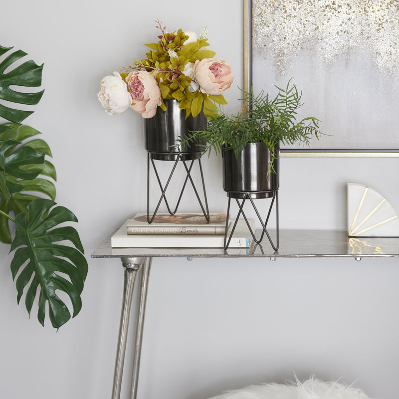 Ensemble de 2 pots d'intérieur et d'extérieur en métal avec support amovible, Noir
