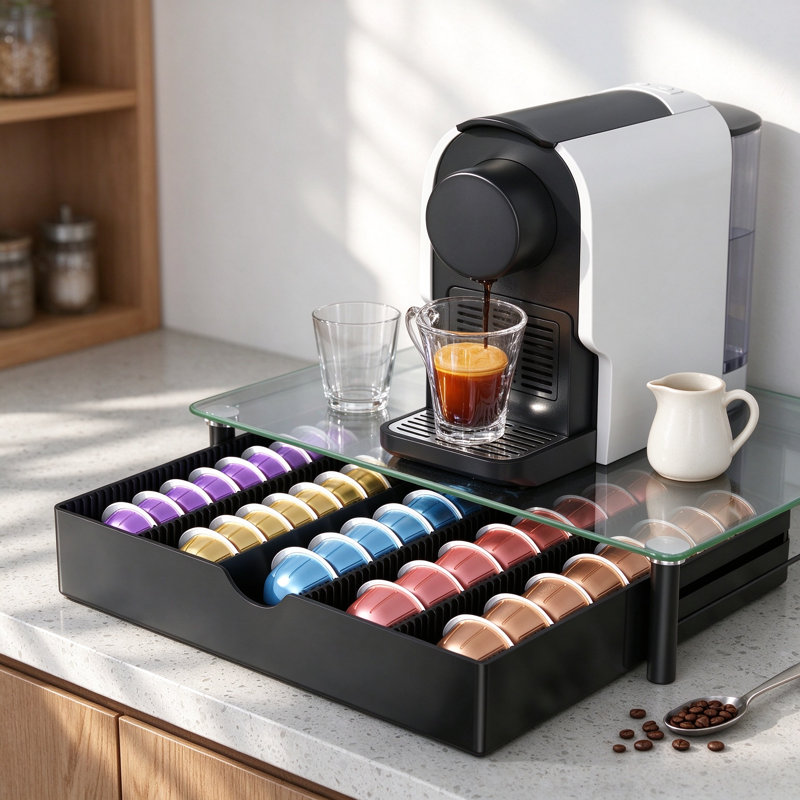 Coffee Pod Drawer Organizer for Nespresso Vertuo and K-Cup, Under Machine Storage Holder with Transparent Glass and Steel Frame