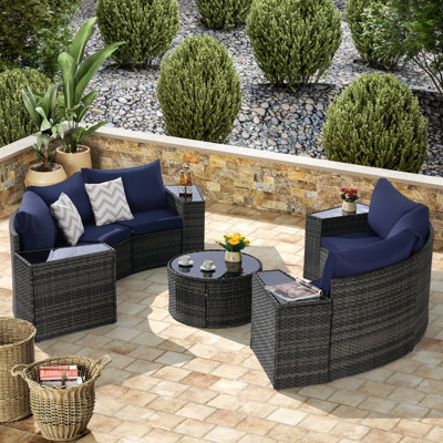 Ensemble de canapé d'extérieur modulaire demi-lune 11 pièces avec table basse ronde en verre trempé