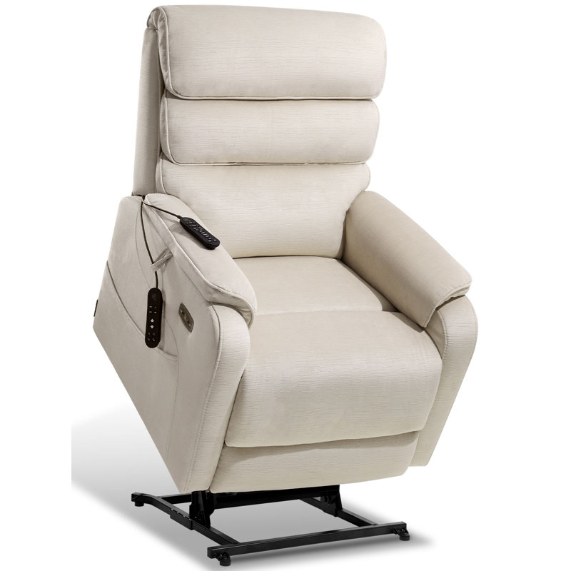  Dual Motor Lay Flat Power Lift Recliner Chair for Elderly, Chenille Fabric Electric Lift Chairs for Adults, 400lbs Heavy Duty Power Recliner with Heat Massage Charging Ports, Chenille White