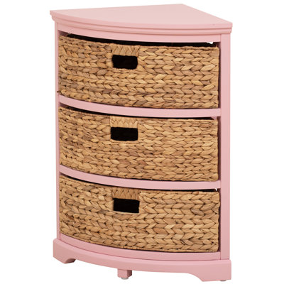 Tiroir de coin en bois massif à 3 tiroirs avec 3 paniers en osier Breunig, rose, pour petits espaces, rose