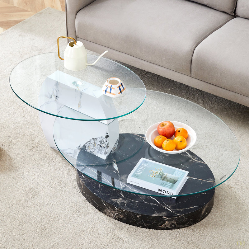Table basse contemporaine à double couche artistique - marbre et collision de marbre, plusieurs couleurs disponibles. Autocollant de panneau de densité, verre renforcé