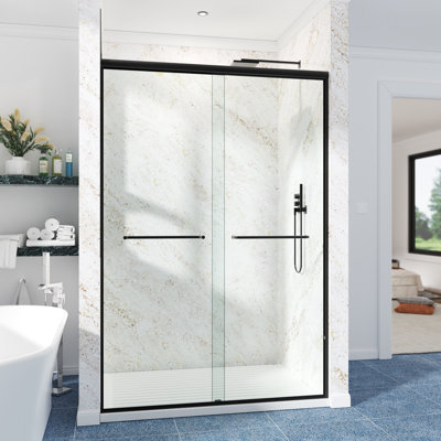 Porte de douche coulissante double semi-sans cadre de 56 à 61 po L x 76 po H avec verre trempé clair de 1/4 po (6 mm), film incassable, roulettes réglables, poignée réversible et repère de perçage.