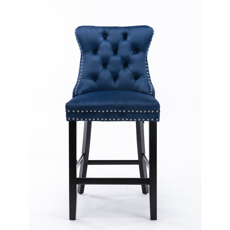Velvet Upholstered Barstools with Button Tufted Decoration and Wooden Legs, Blue
