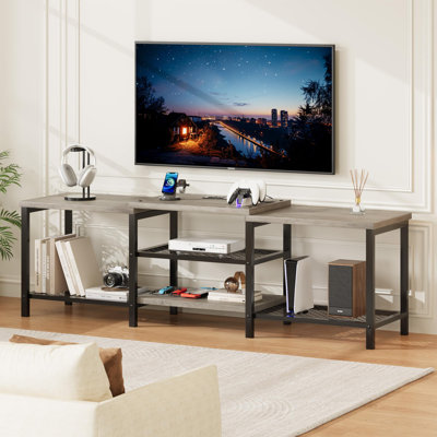 Meuble audio-vidéo 66,9 po avec prise de courant, console multimédia avec tablettes de rangement ouvertes à 3 niveaux