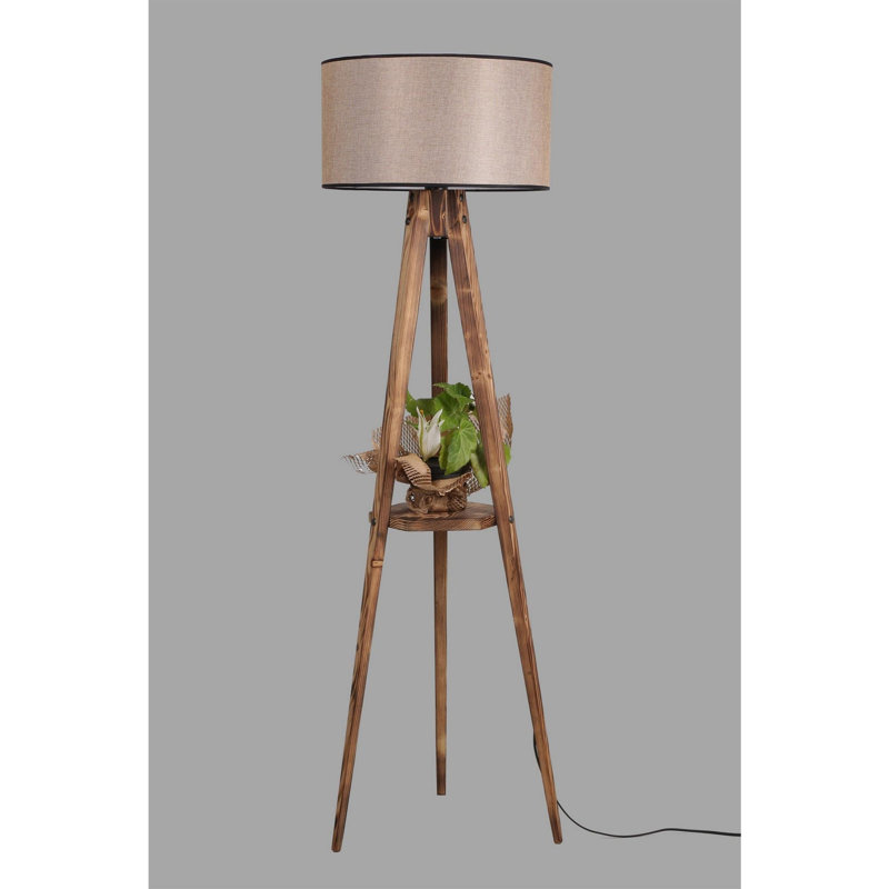 Lampe sur pied en bois Luro Elegant avec capuchon et tablette en tissu, finition brune, douille E27 de 60 W | Hauteur totale: 60,2 pouces | Taille de la tablette: 10,2 po x 10,2 po | Interrupteur marche / arrêt, peinture électrostatique séchée au four