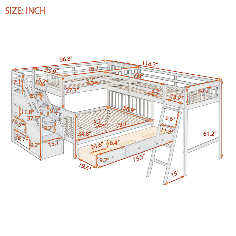 Enerson Twin Over Full Bunk Bed with Built-In Ladder, Gray