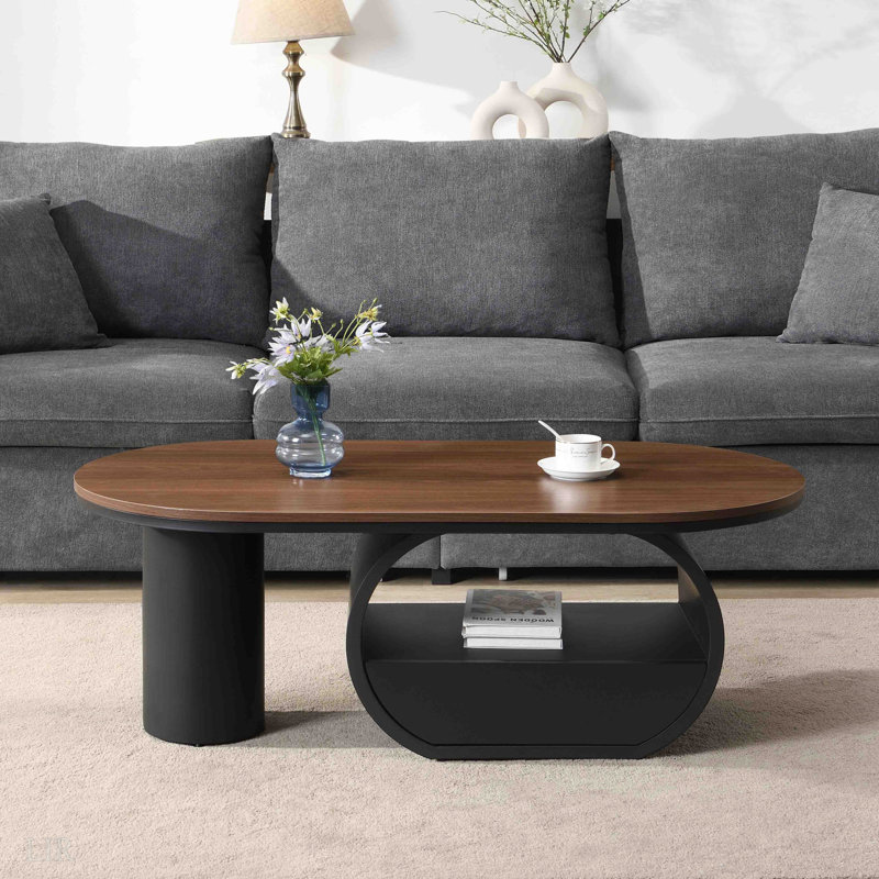 Table basse industrielle ovale, table basse 47,24 po avec tiroir de rangement, table centrale en métal noir, Brun, Noir