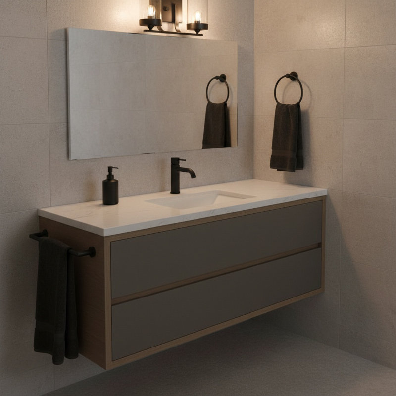 Éclairage pour meuble-lavabo 2 lumières à finition noire avec abat-jour en verre transparent