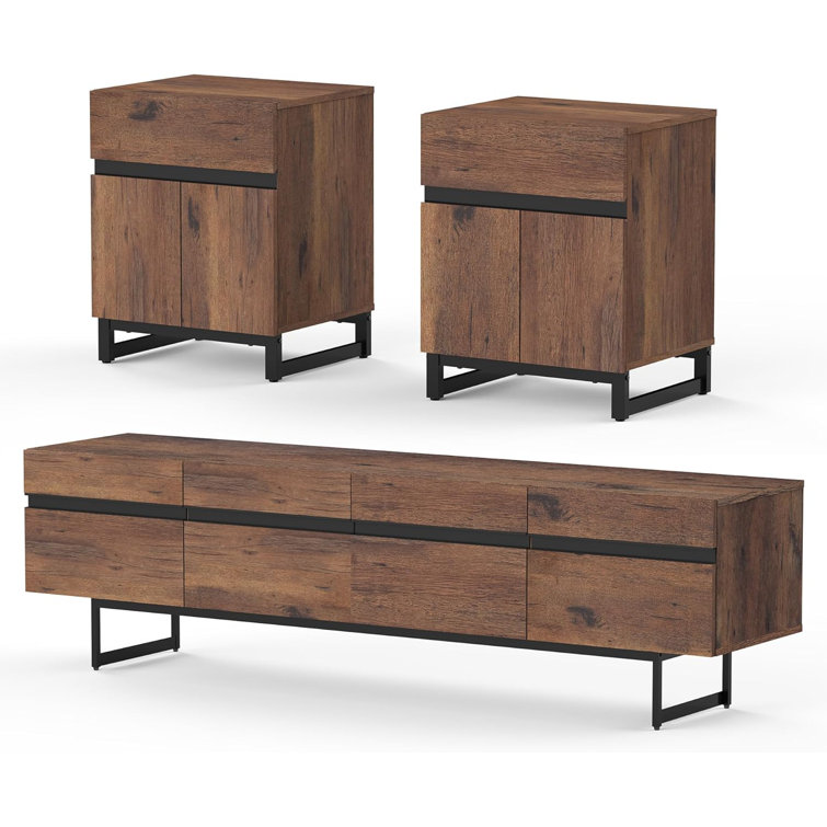 3-Piece Modern Living Room Table Set, 71-Inch TV Stand With Storage Cabinet And 2 End Tables With Drawers, Console TV Table And Entertainment Centre For Living Room