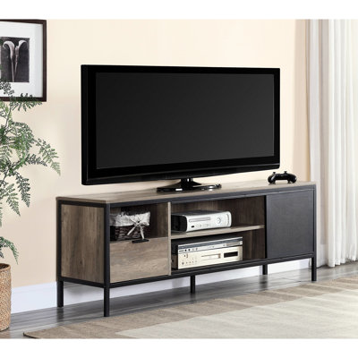 Tv Stand With Rustic Appearance In Oak And Metal Construction Rectangular Legs Organizing Space