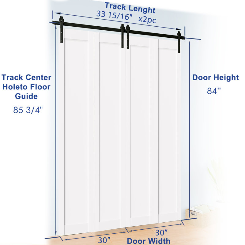 Porte de grange pliante en bois MDF double avec quincaillerie intérieure, blanc, 60" x 84"