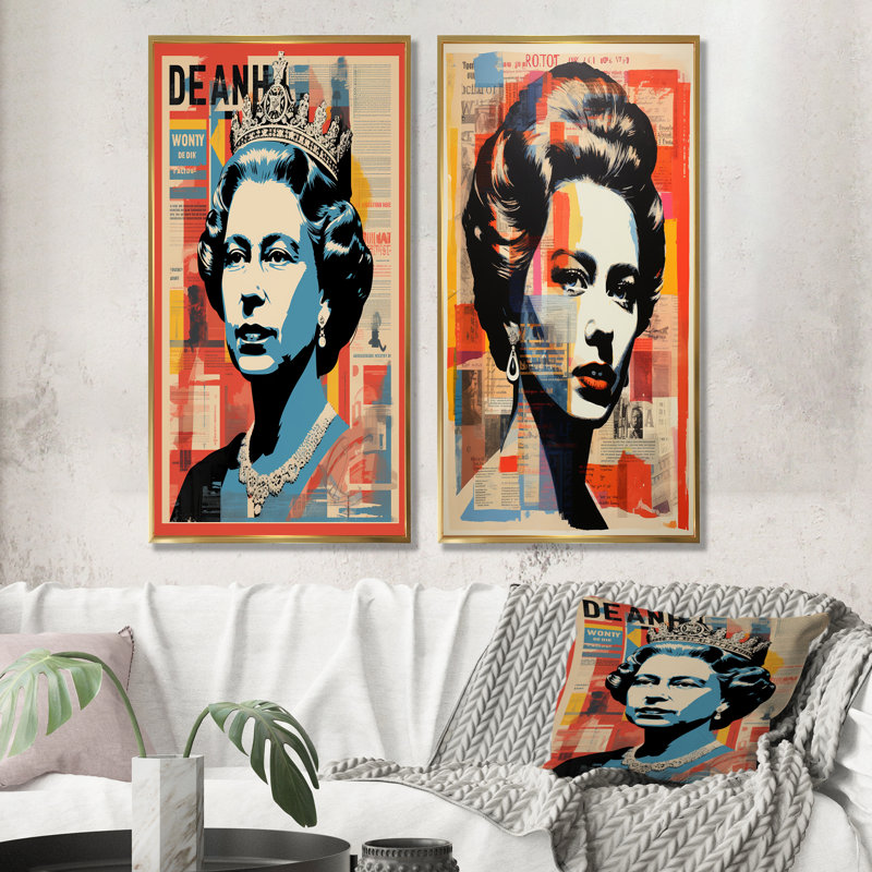 «Royal Remix Queen Elizabeth Popart II», ensemble de 2 impressions sur magazines, Encadrement doré, H 28 po x l 25 po