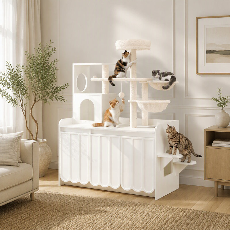 Arbre à chat de 129 cm avec bac à litière intégré, tour à plusieurs niveaux avec griffoir en sisal et rangement, condo moderne tout-en-un pour chat