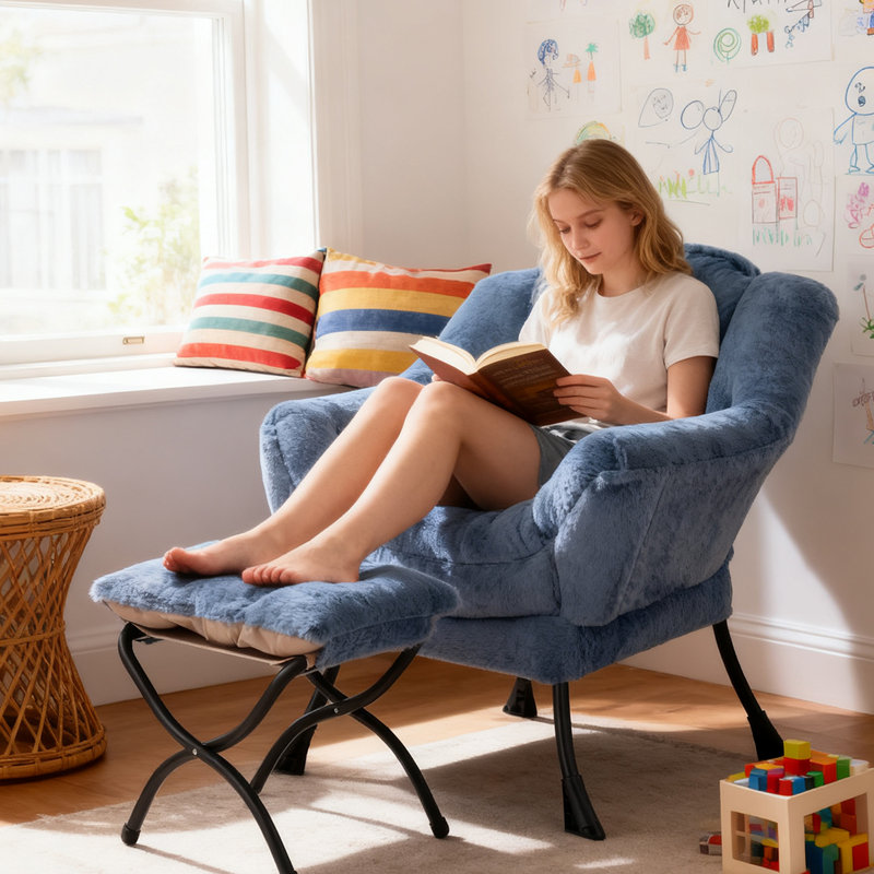 Fauteuil paresseux et rembourré Abramson, Peluche bleu clair, Non
