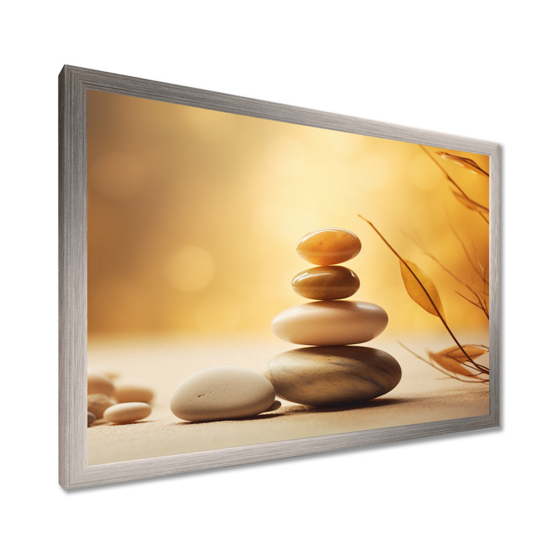 Zen Serenity Cairn Sculpture Balance I On Canvas Print, Silver Single Picture Framed, 12" H x 20" W x 1" D