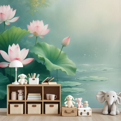 Papier peint adhésif pelez et collez Seren Lotus Pond, fleurs pastel douces, reflets H 69 po x l 96 po, papier mural amovible en PVC auto-adhésif pour chambre à coucher, bureau à domicile