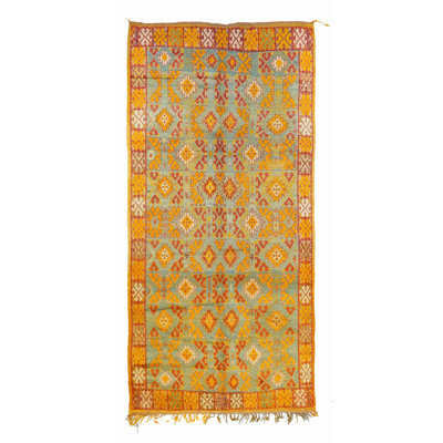 Tapis de couloir unique en laine noué à la main de 4 pi 8 po x 9 pi 8 po de couleur jaune