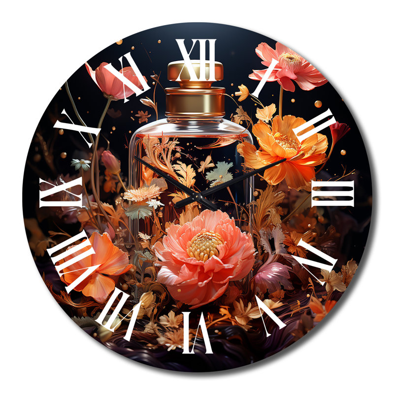 Horloge murale en forme de bouteille de parfum avec fleurs roses III, Très grand