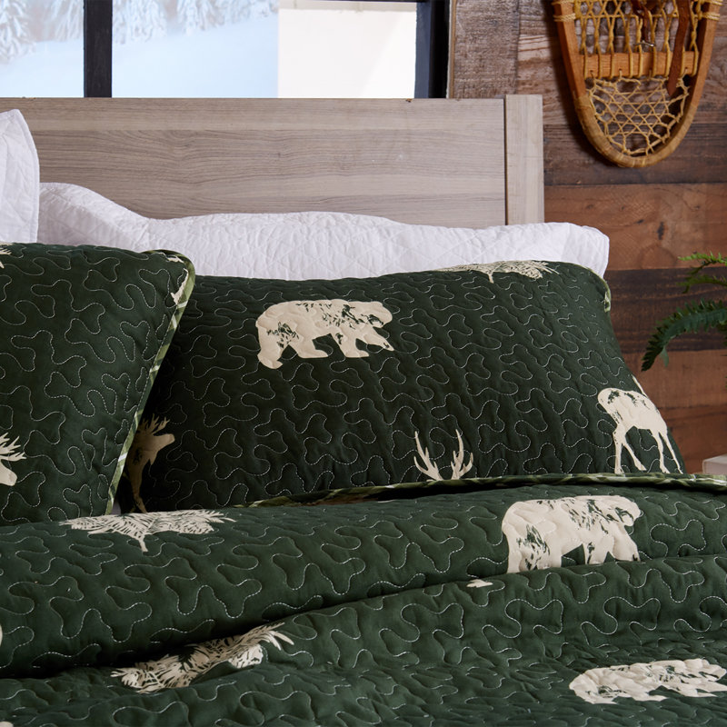 Forest Green Reversible Microfiber Quilt Set with Plaid Shams