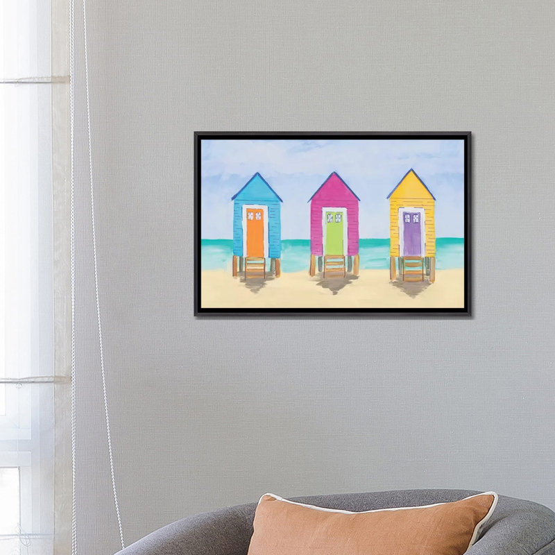 «Beach Shacks» par Julie Derice - reproduction d'art, Pas de tapis, H 26 po x l 18 po x 1,5 po, Toile avec cadre noir patiné