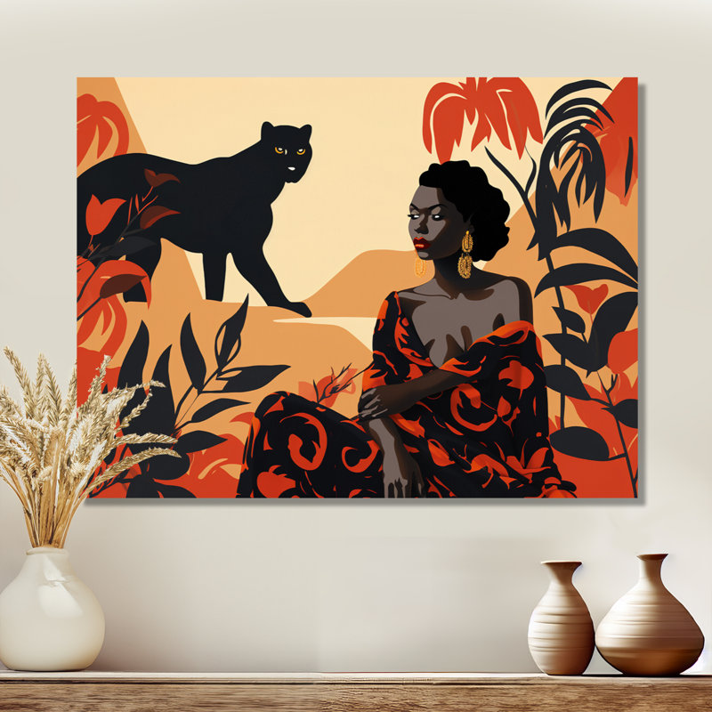 Rétro femme africaine avec panthère botanique - art mural africain, H 30 po x l 40 po, Toile tendue