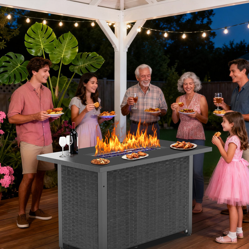 Table de foyer d'extérieur au propane de 43 po 43 po, foyer carré au gaz en rotin 50 000 BTU avec couvercle et pierres de cristal bleues, plateau de table en acier, flamme réglable, table FirePit 4-en-1 pour patio, cour arrière, rassemblements extérieurs