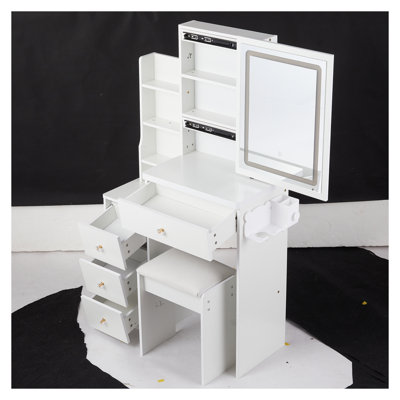 Ensemble de coiffeuse 29,2 po avec miroir à DEL, coiffeuse à contrôle tactile avec 2 prises CA et 2 ports USB, ensemble de meuble-lavabo compact avec tabouret rembourré blanc
