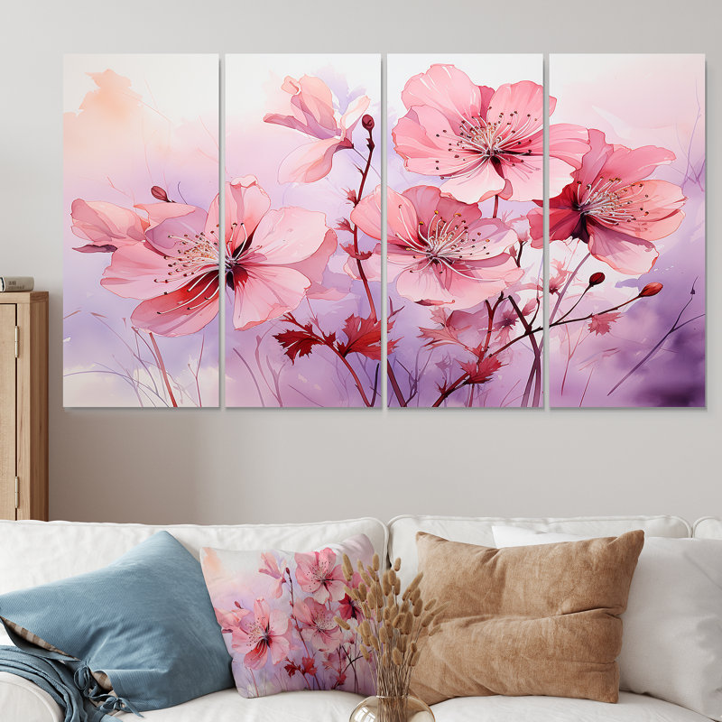 Mauve et rose coquelicots II - coquelicots, art mural 4 pièces, H 32 po x l 64 po