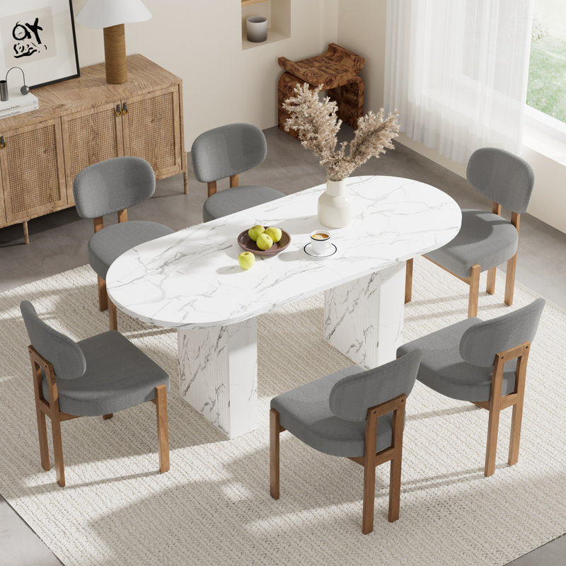 Ensemble de table de cuisine ovale à double piédestal, 7 Pieces: Table, 6 Chairs, Grey