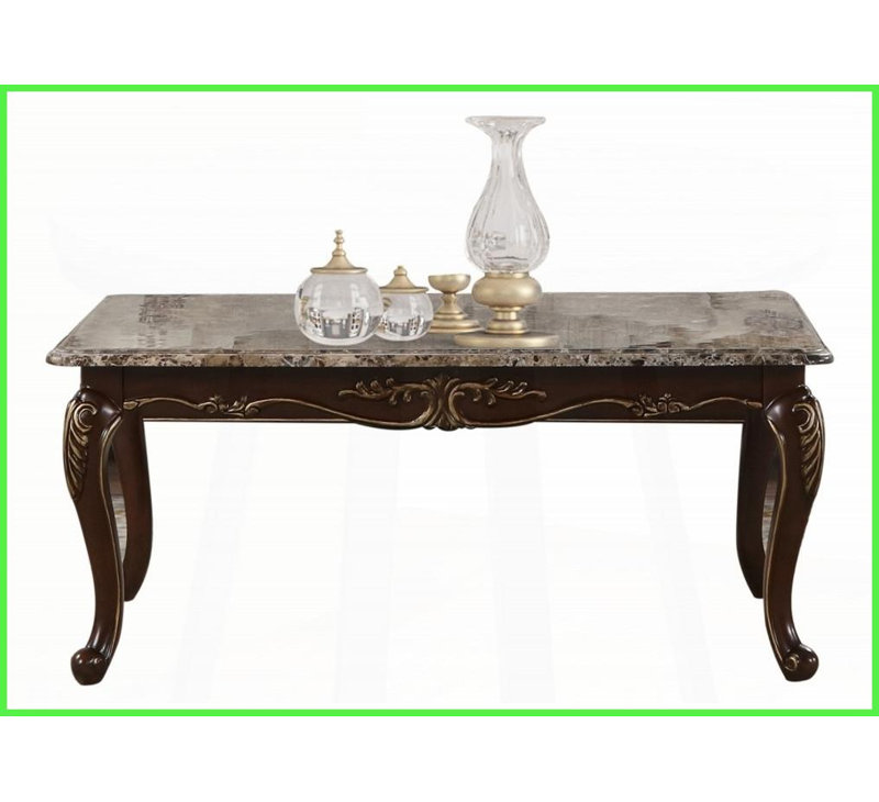 Table basse Gloria au fini cerisier avec plateau en marbre véritable - spacieuse, sans assemblage pour le salon