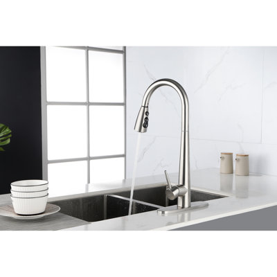 Stainless Steel Single Handle Kitchen Sink Faucet With Pull Down , Brushed Nickel Finish, 360 Rotating High Spout, Three Water Output Patterns For Different Needs, Lever Easy Adjustment, Corrosion
