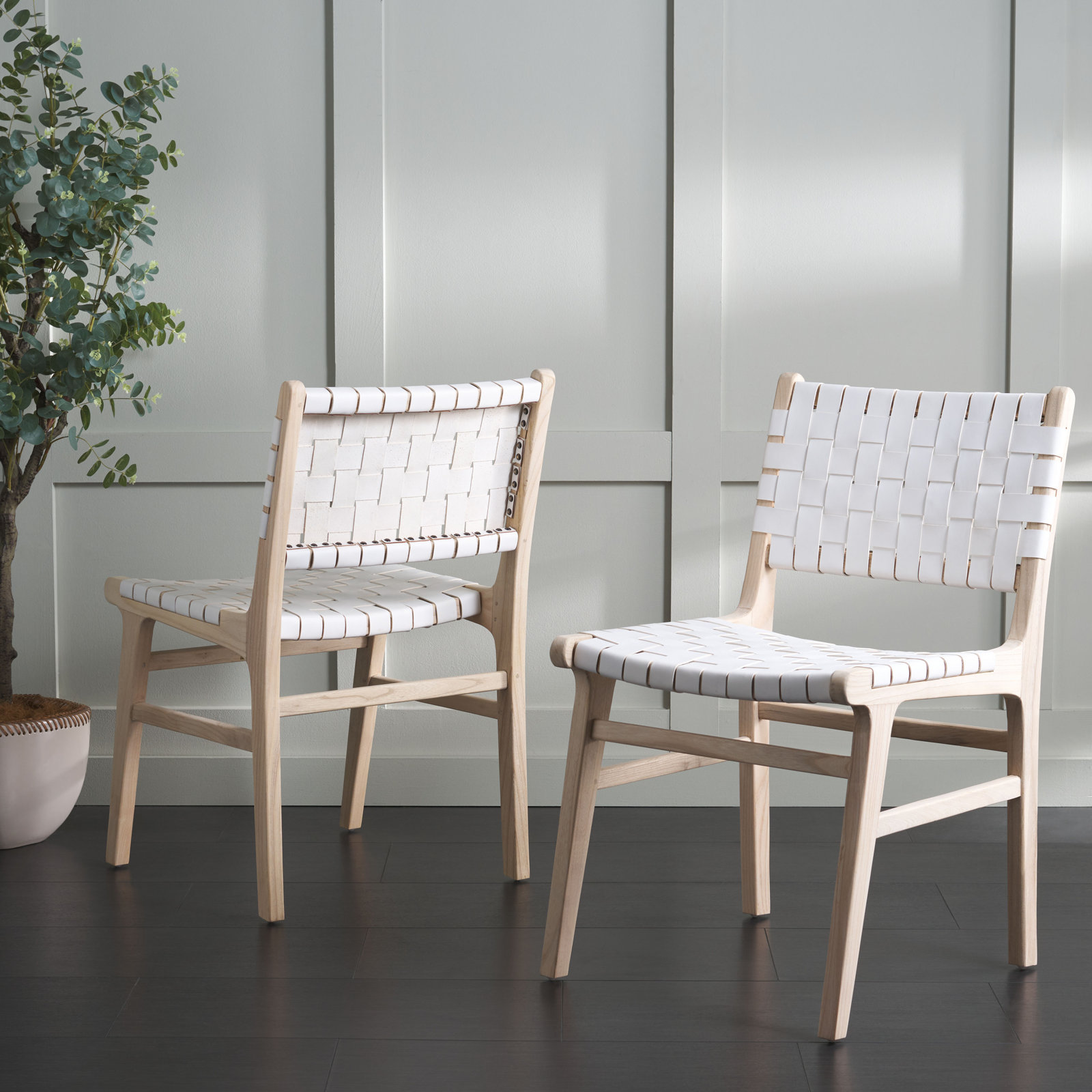 Alston Genuine Leather Side Chair, White/Light Natural