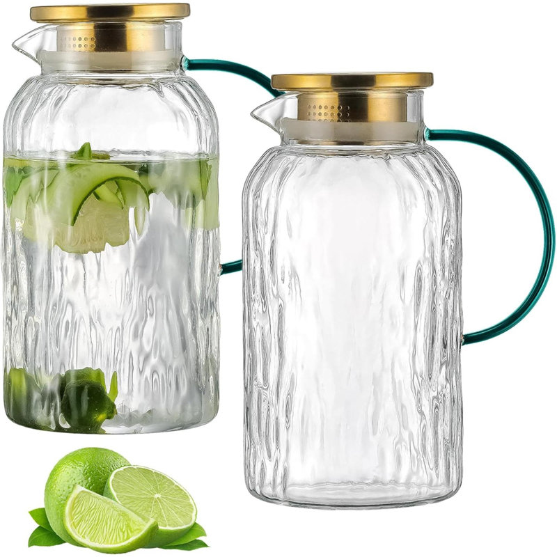 2 PACK Glass Pitcher With Lid And Spout, 68 Oz/2 Litre Water Pitcher For Fridge, Clear Borosilicate Glass Water Carafe For Cold Brew, Coffee, Iced Suntea,Milk, Heat Resistant