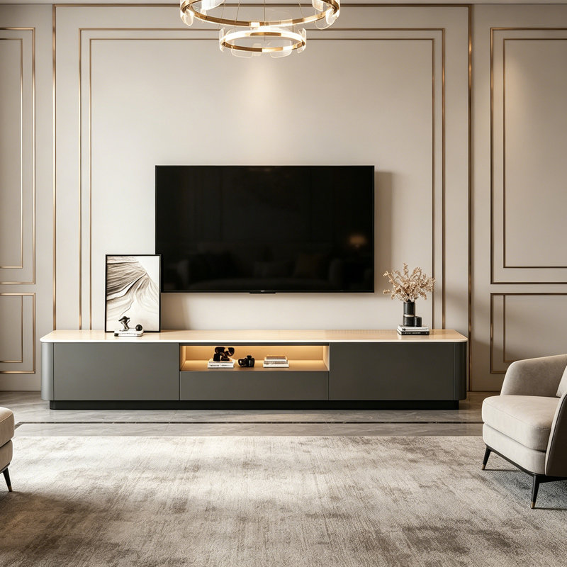Meuble télé Minimalist, H 13,38 po x L 62,99 po x l 11,81 po, Gris / Blanc