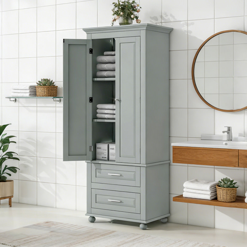 Space-Saving Tall Storage Cabinet With Two Drawers For Bathroom Or Office, Gray
