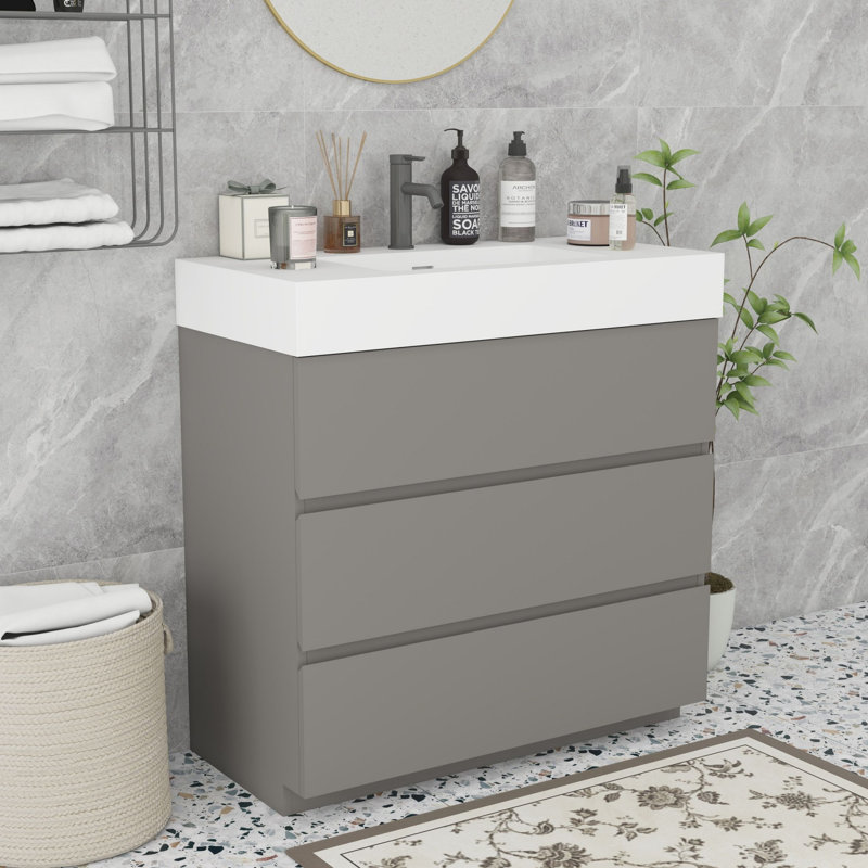 Meuble-lavabo moderne autoportant, Blanc, Gris
